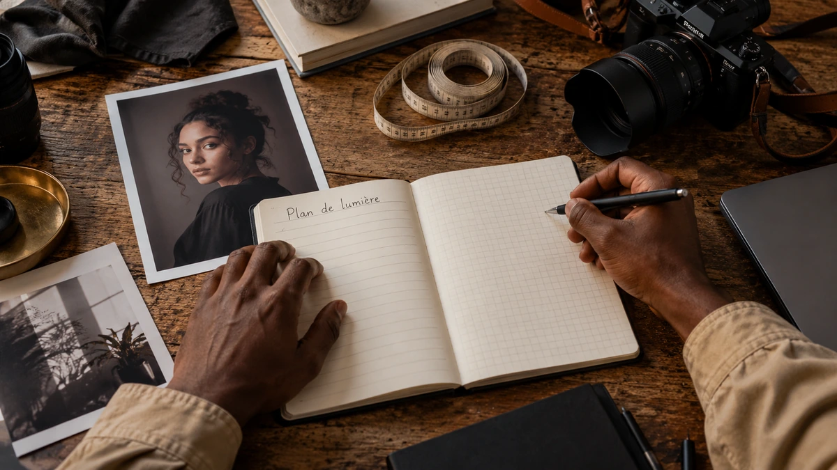 Des mains conservent un plan de lumière dans un carnet à côté d’un portrait.