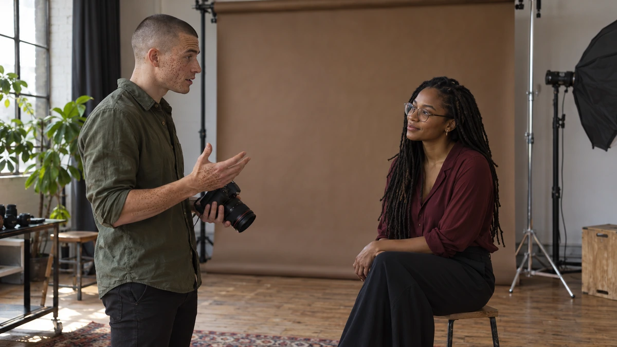 Un photographe échange avec une personne assise portant des lunettes devant un fond de portrait.
