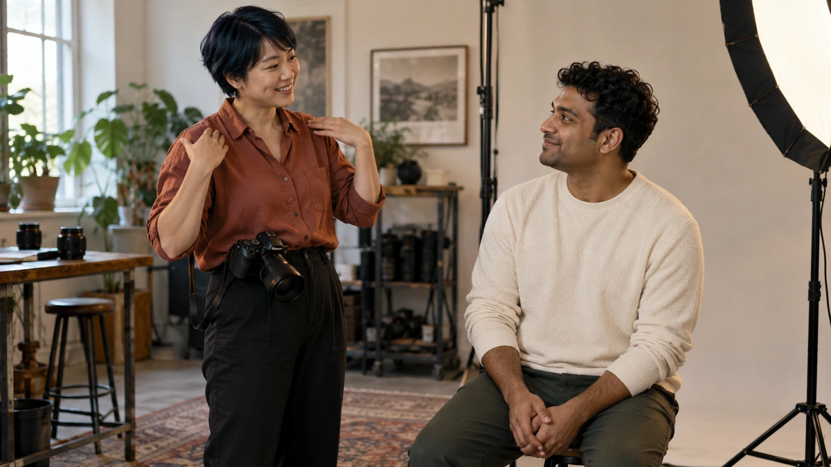 Une photographe donne une indication à une personne assise devant un éclairage de portrait.