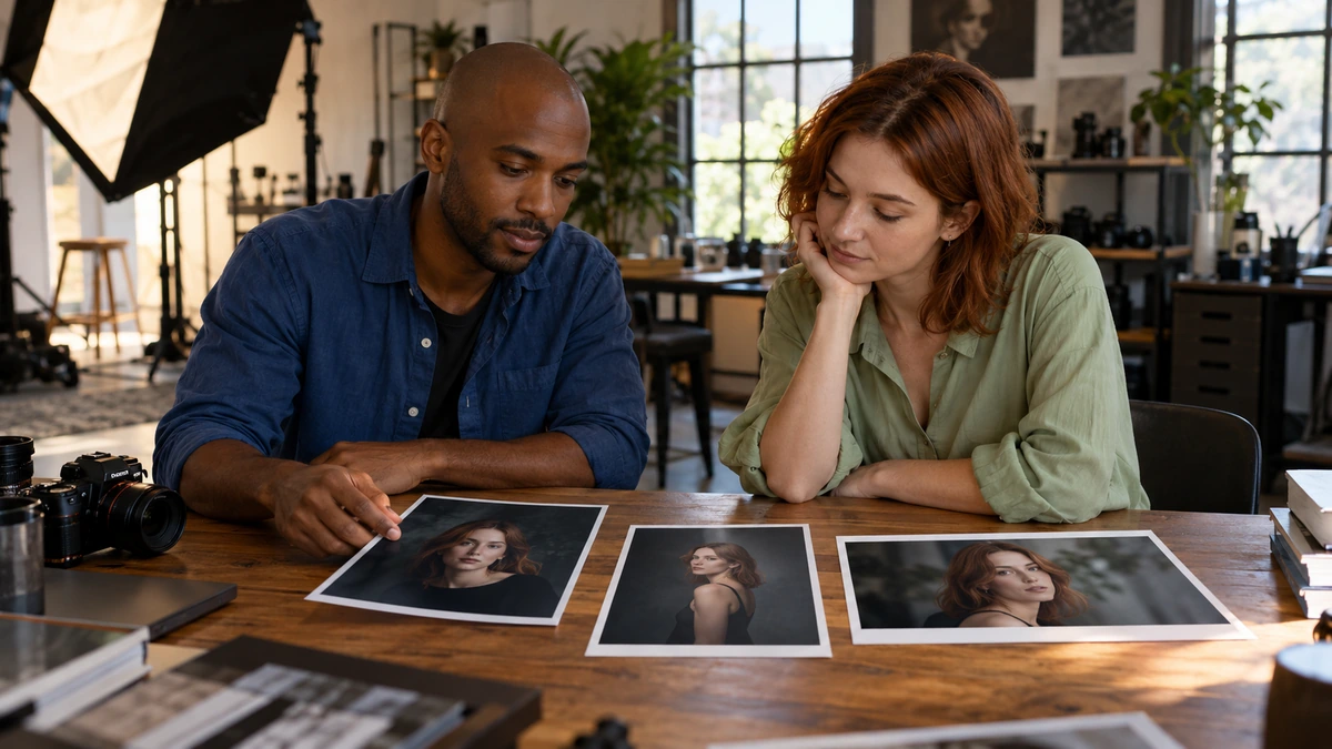 Deux personnes comparent des tirages de portraits posés sur une table.