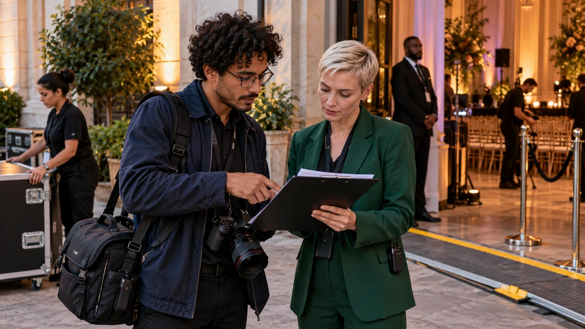 Un photographe et une organisatrice vérifient les informations de couverture d’un événement.