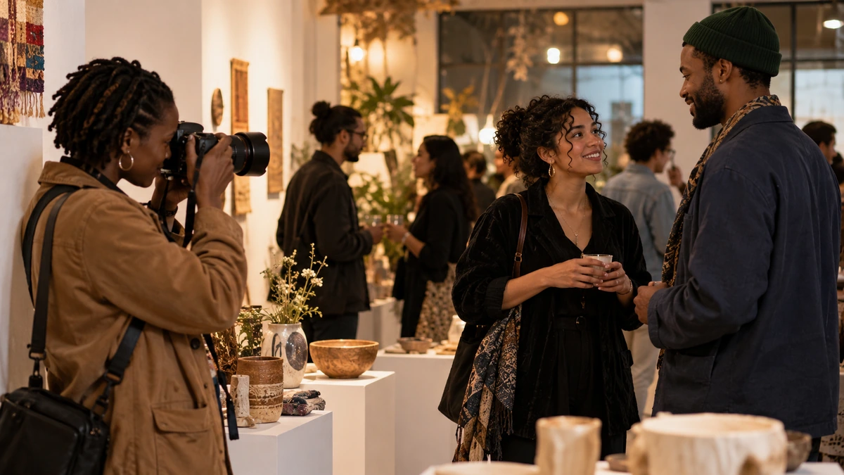 Une photographe observe une conversation pendant un événement sans interrompre les participants.