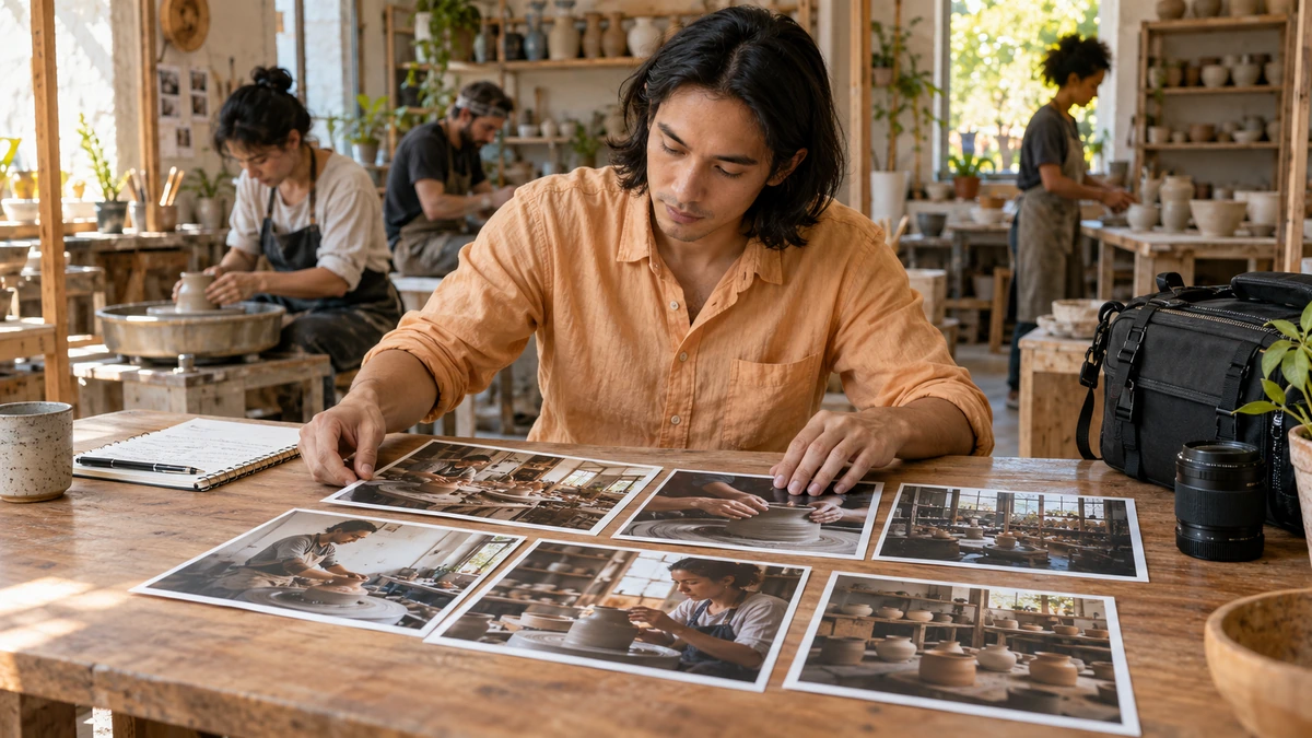 Une personne construit une série à partir de photographies imprimées.