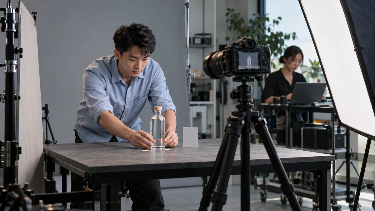 Une personne installe un objet transparent sur une table de prise de vue.