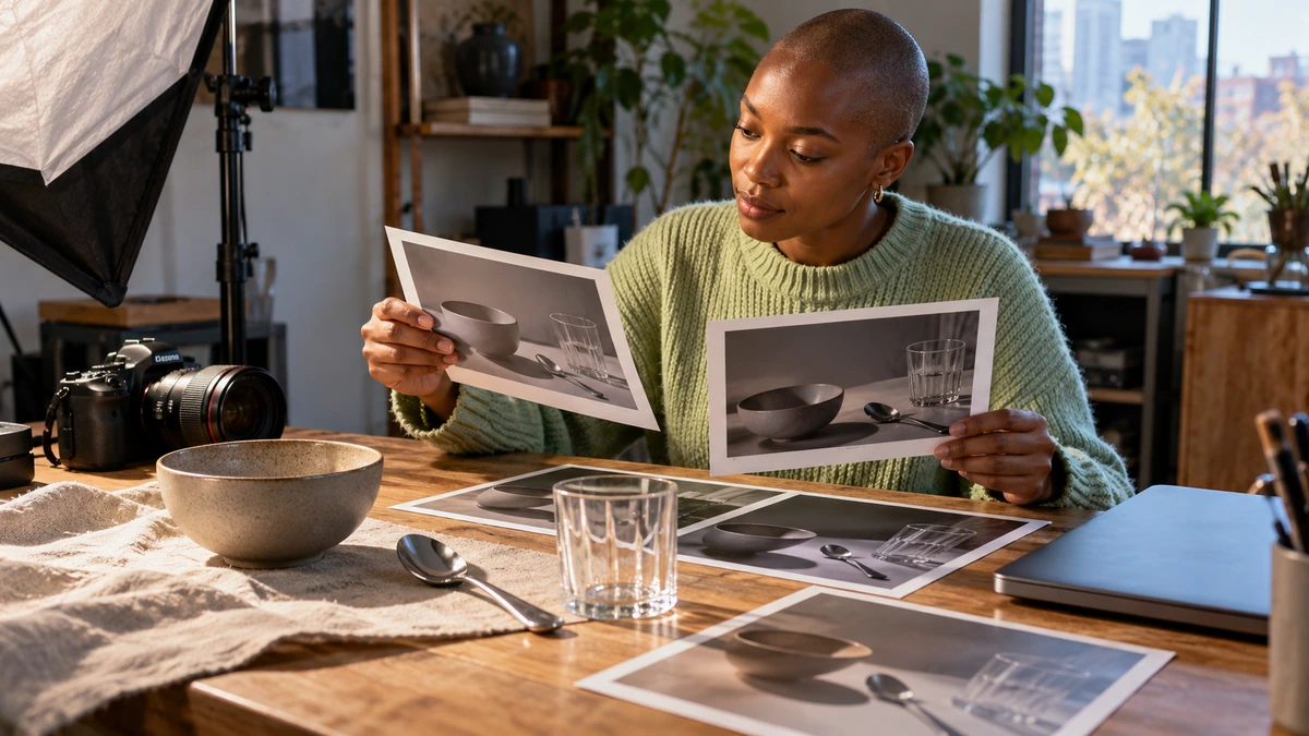 Une personne compare des essais photographiques de matières sur une table.
