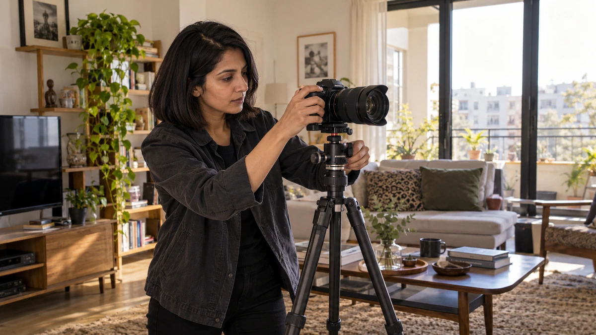 Une photographe règle un appareil installé sur trépied dans un intérieur.
