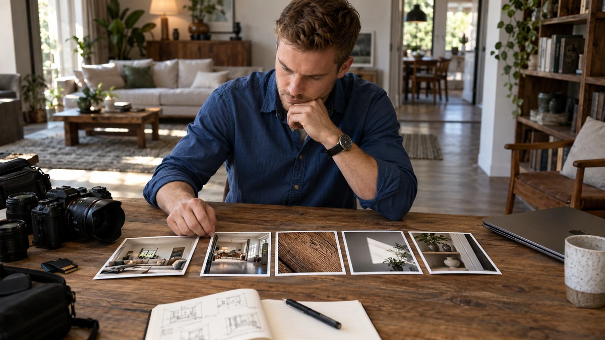 Un photographe examine plusieurs tirages d’une scène intérieure.
