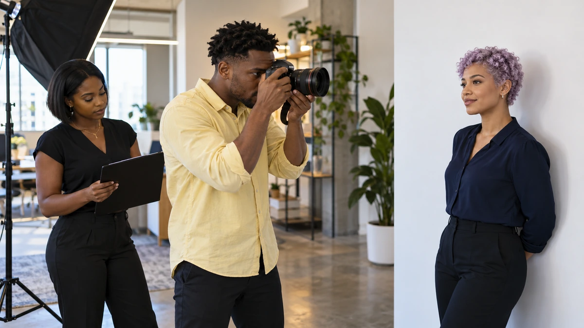 Un photographe prépare un portrait avec une source diffusée dans un studio.