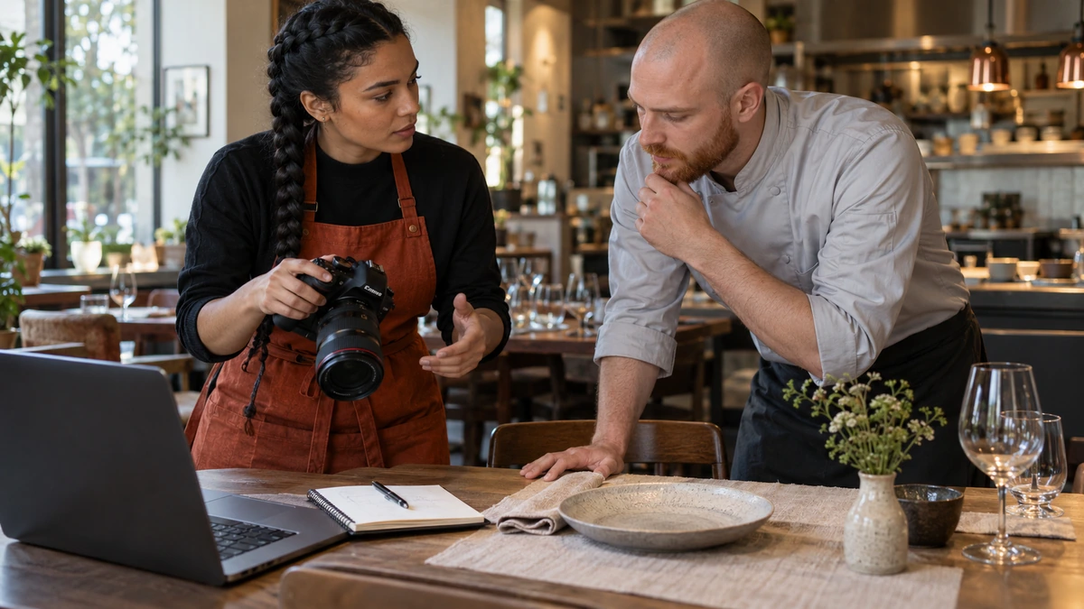 Une photographe et un cuisinier préparent une prise de vue autour d’une assiette.