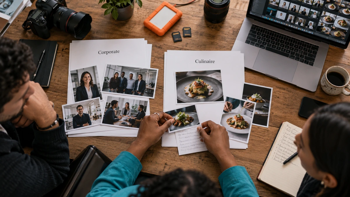 Plusieurs personnes examinent des photographies culinaires parmi leurs références imprimées.