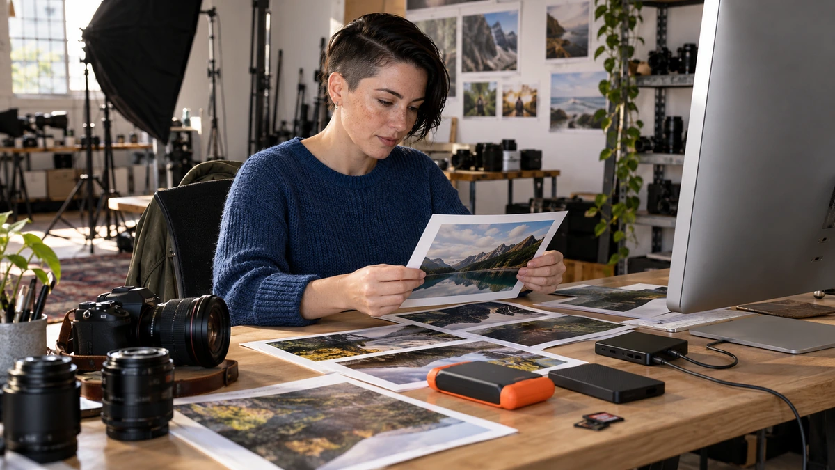 Une créatrice examine ses tirages et ses fichiers près d’un appareil photo.