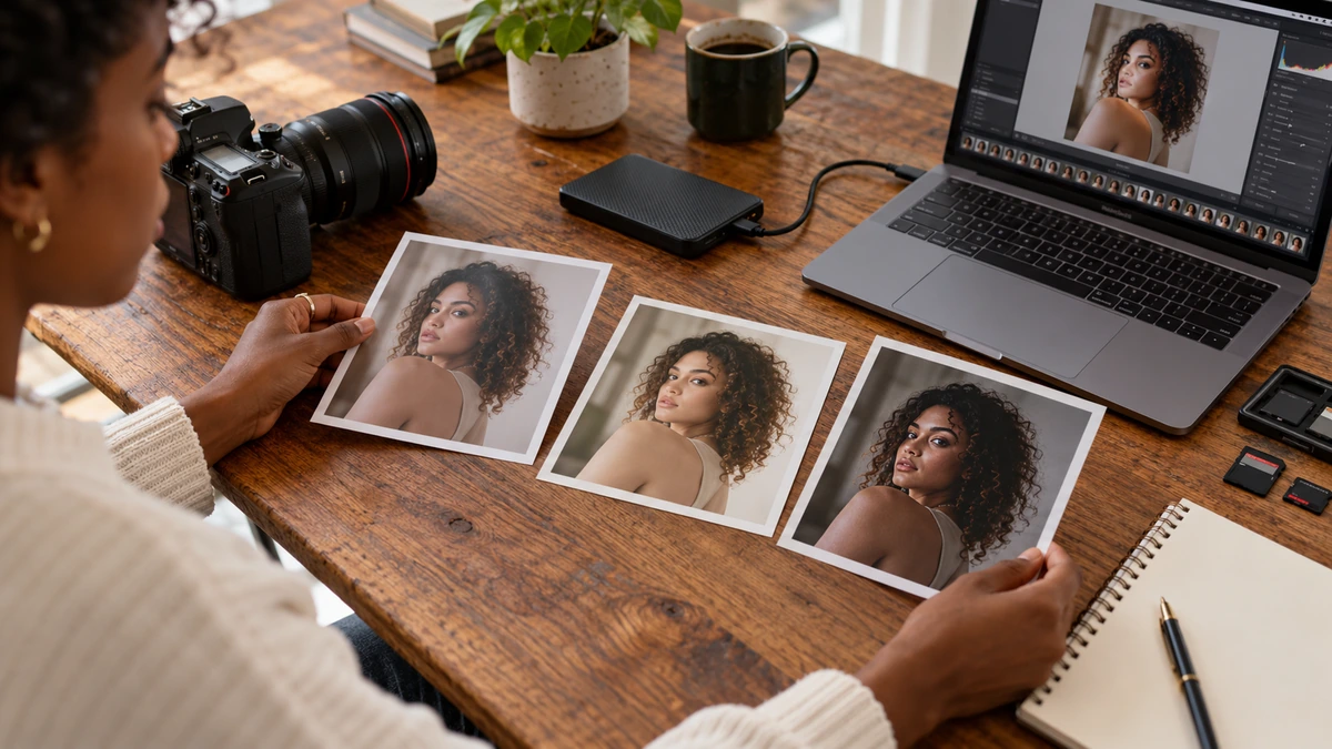 Des tirages de portrait sont examinés près de leur version affichée sur ordinateur.