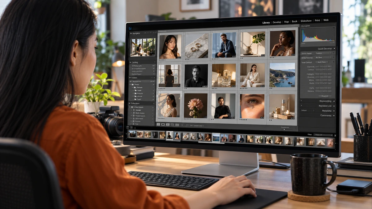 Une personne parcourt un ensemble de photographies dans un catalogue sur écran.
