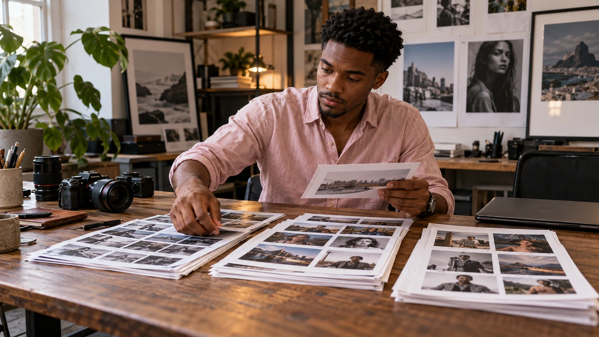 Une personne compare des planches contact et des photographies imprimées.