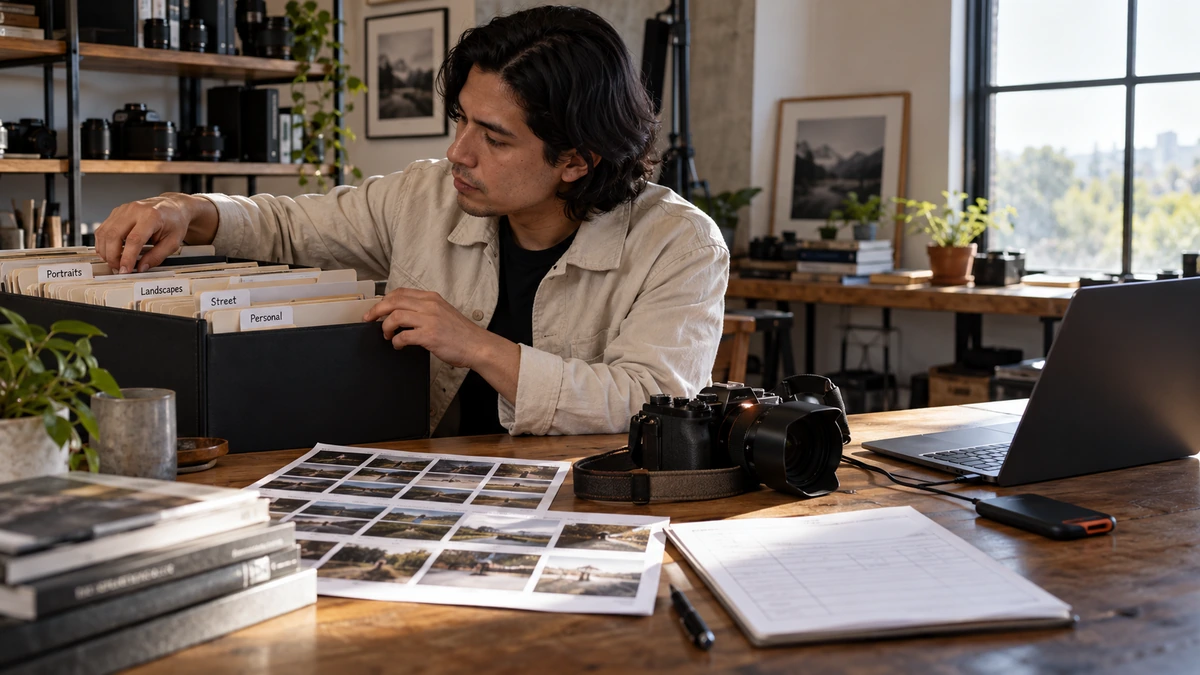 Une personne organise des images et leurs repères de classement autour d’un ordinateur.