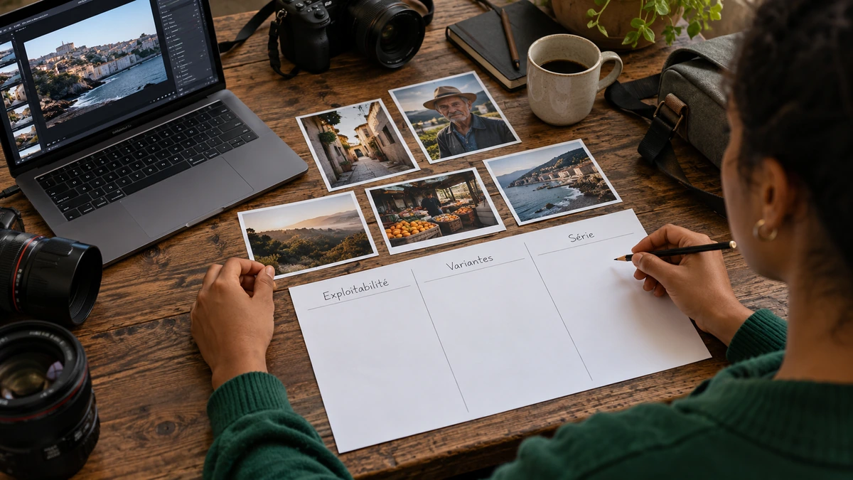 Des mains notent les critères de sélection à côté de photographies de paysage.