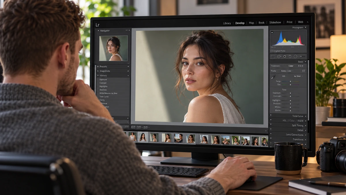 Une personne examine les corrections d’un portrait dans un outil de développement d’image.
