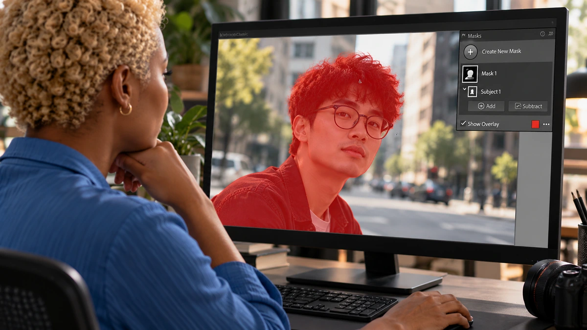 Une personne contrôle une sélection locale sur le portrait affiché à l’écran.