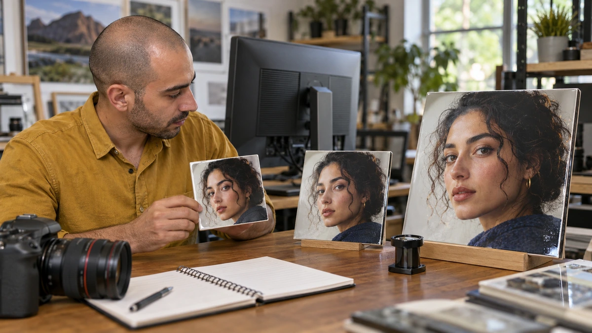 Une personne rapproche un portrait affiché et deux versions imprimées.