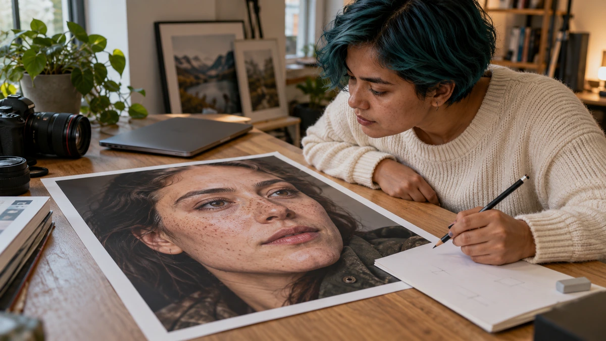 Une personne examine un portrait en grand format et prend des notes de correction.