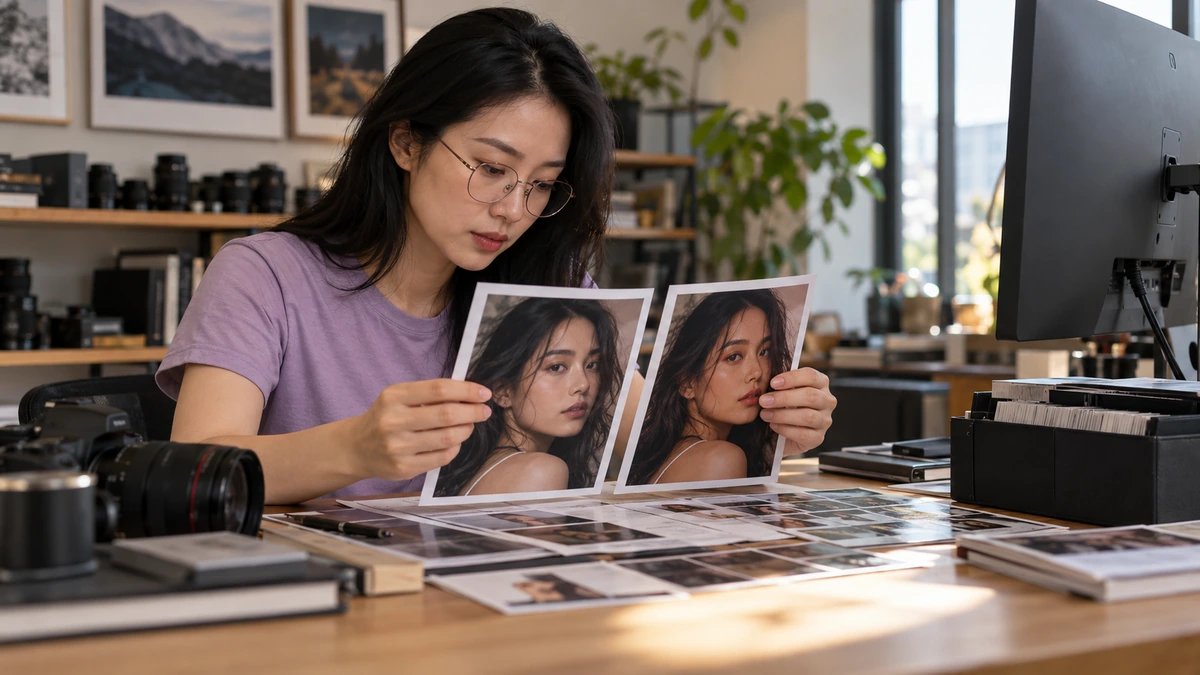 Une personne compare deux versions imprimées d’un même portrait.