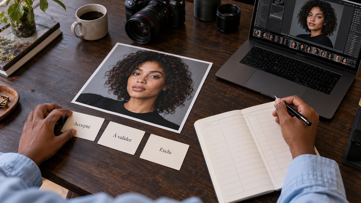 Des mains organisent une charte de retouche près d’un portrait et d’un ordinateur.