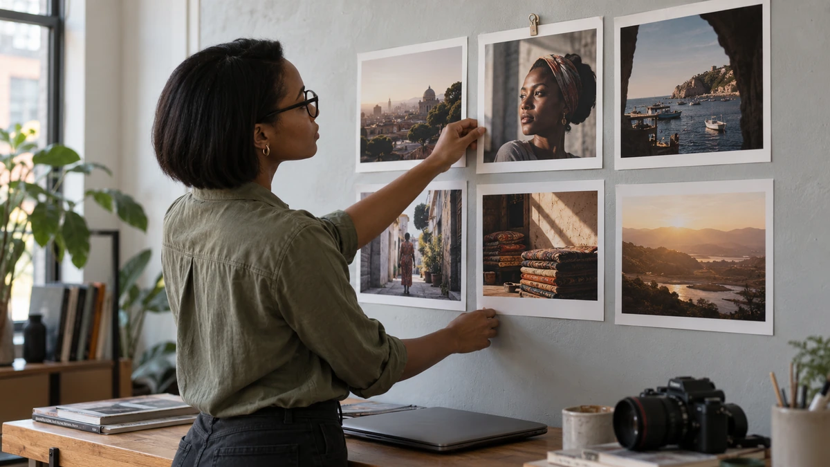 Une personne compare plusieurs photographies affichées ensemble sur un mur.