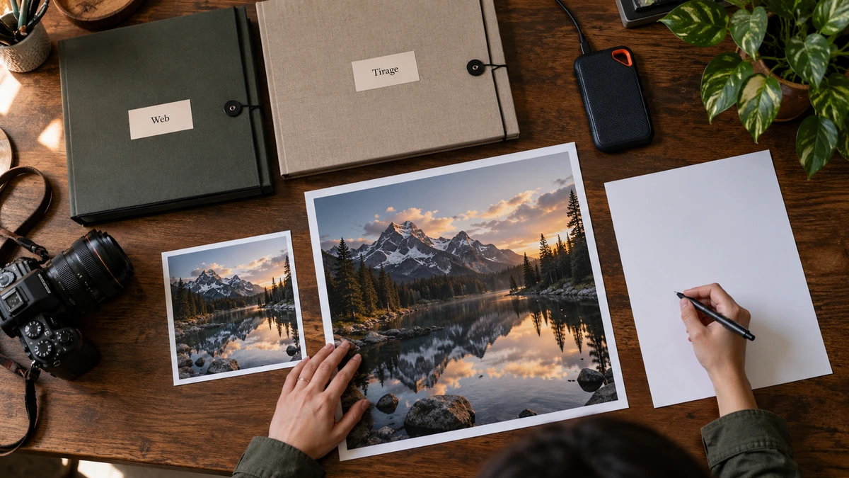 Des mains distinguent les dossiers web et tirage à côté de photographies et de notes.