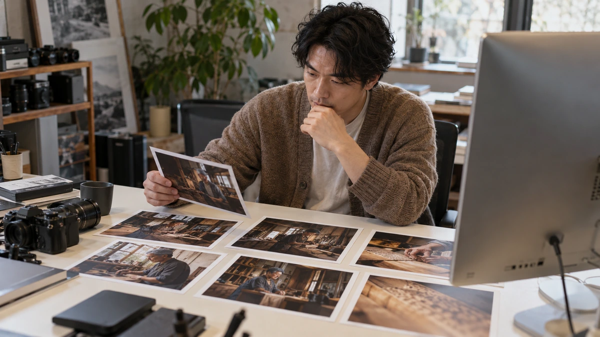 Une personne relit une série de photographies sur une table.