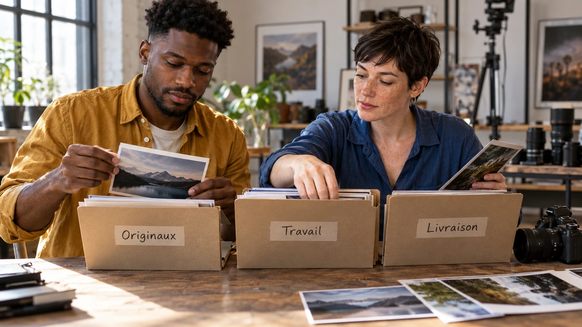 Deux photographes répartissent leurs images entre originaux, travail et livraison.