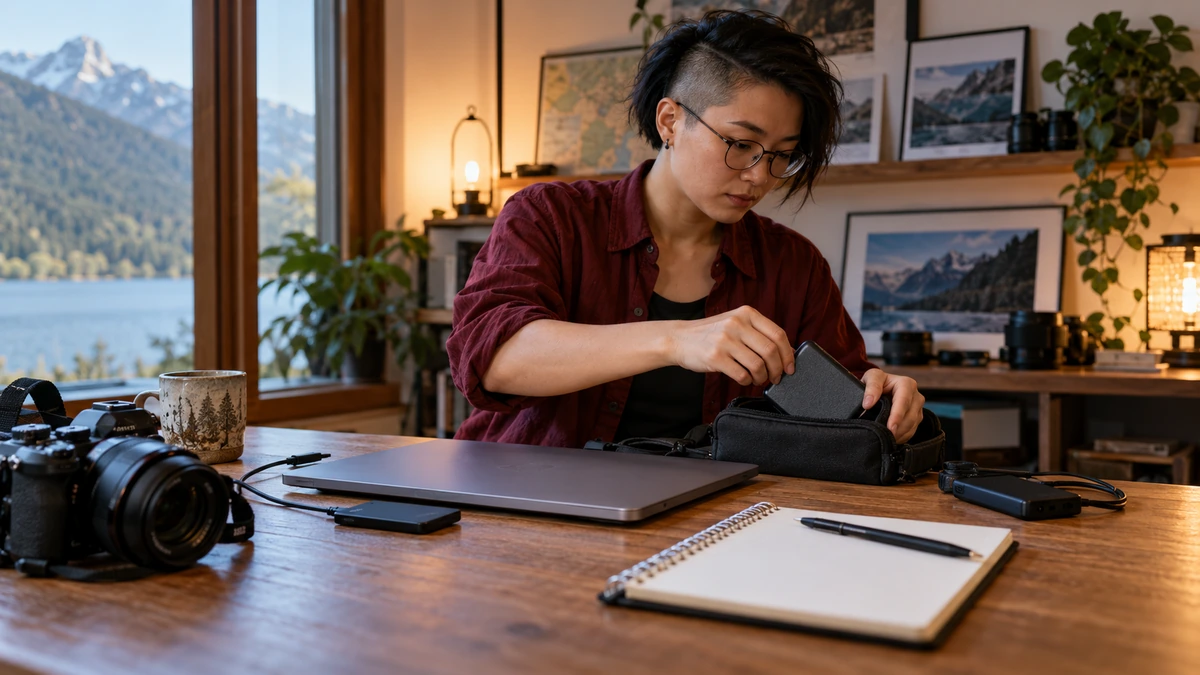 Une photographe prépare un support de sauvegarde et son carnet de suivi.