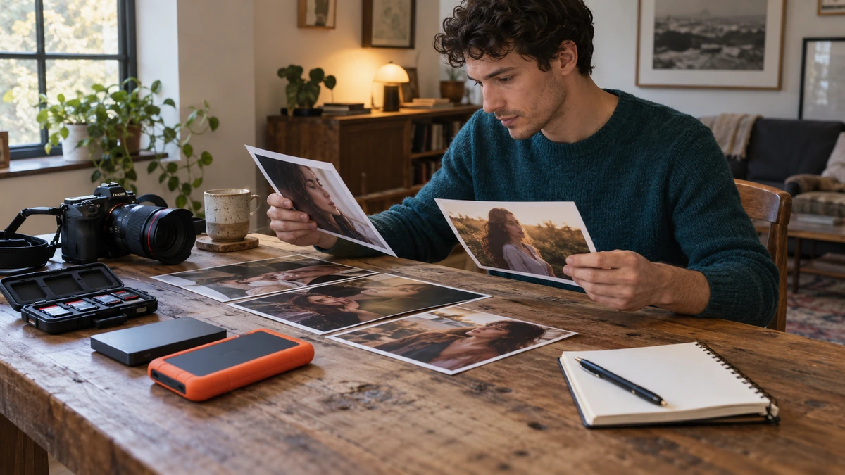 Un photographe contrôle les tirages, les supports et ses notes avant une remise.