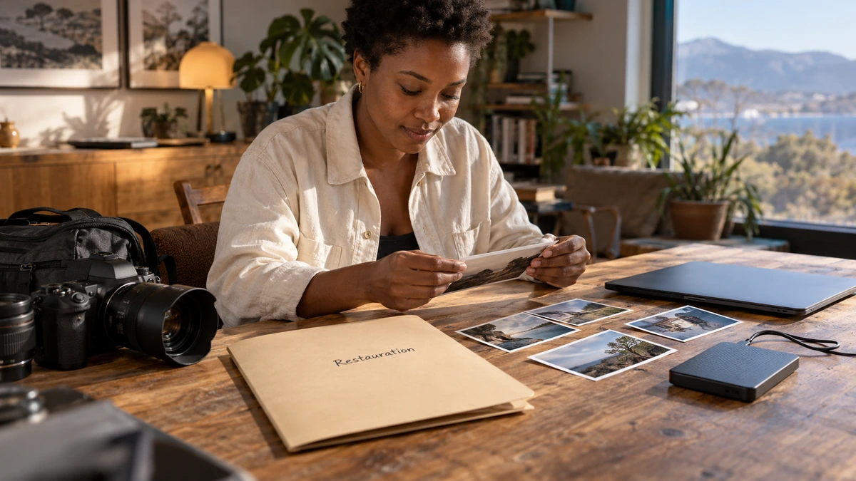 Une photographe vérifie des images et les notes de son organisation de fichiers.