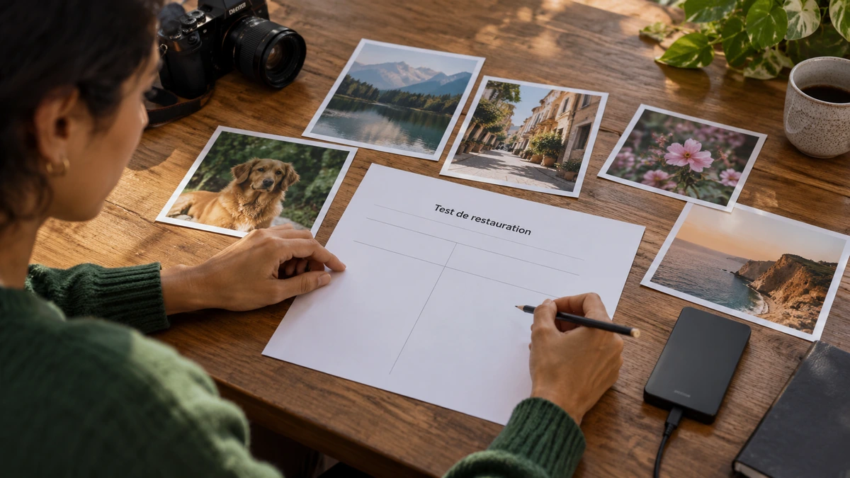 Des photographies de lieux et une grille sont comparées sur une table.
