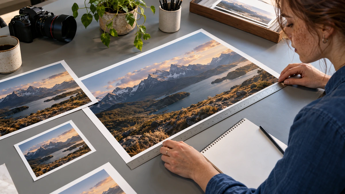 Une personne compare plusieurs tirages d’un paysage à différentes dimensions.