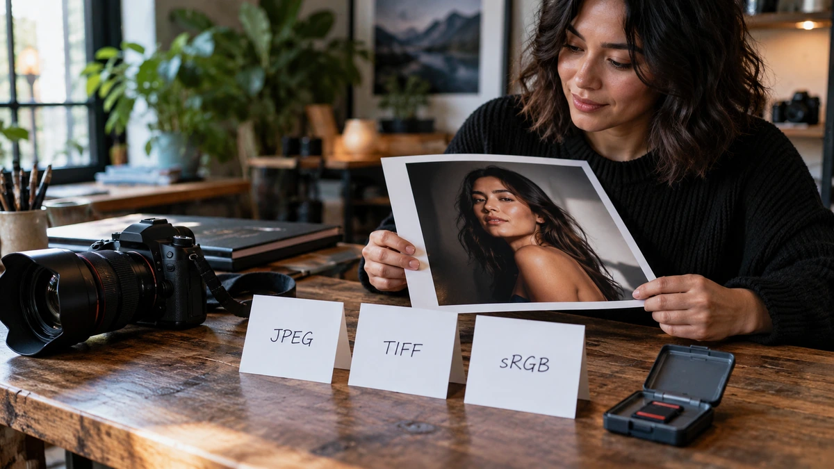 Une personne examine un portrait imprimé à côté de repères de fichiers et d’espace couleur.