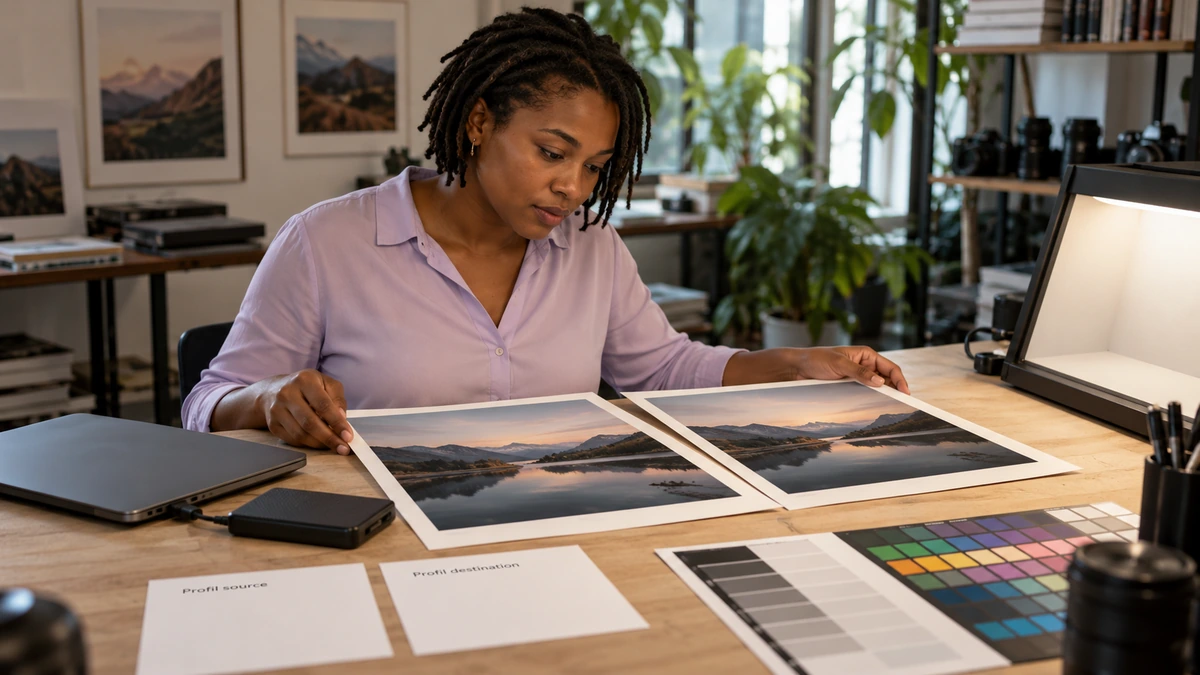 Une photographe compare un tirage à sa présentation et à ses marges.