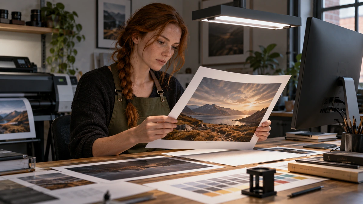Une photographe compare plusieurs tirages sur une table avec son écran à proximité.