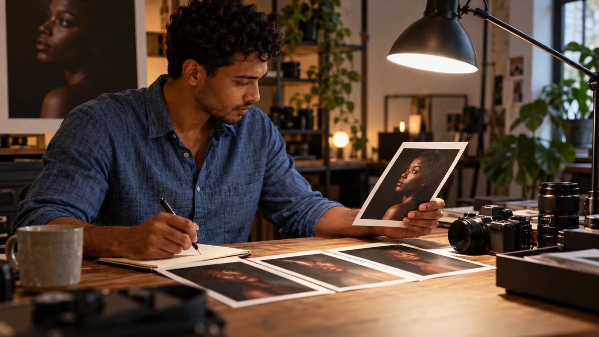 Un photographe compare un tirage portrait et ses notes sous une lumière de travail.