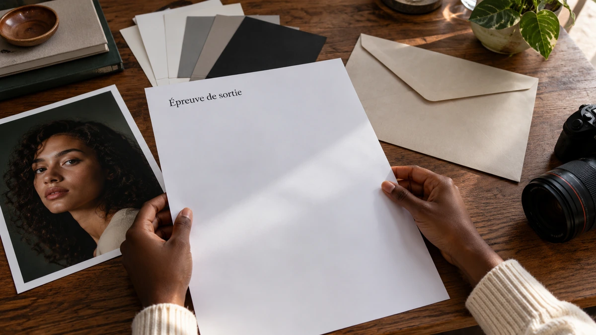 Des mains comparent un portrait imprimé et une fiche d’épreuve de sortie.