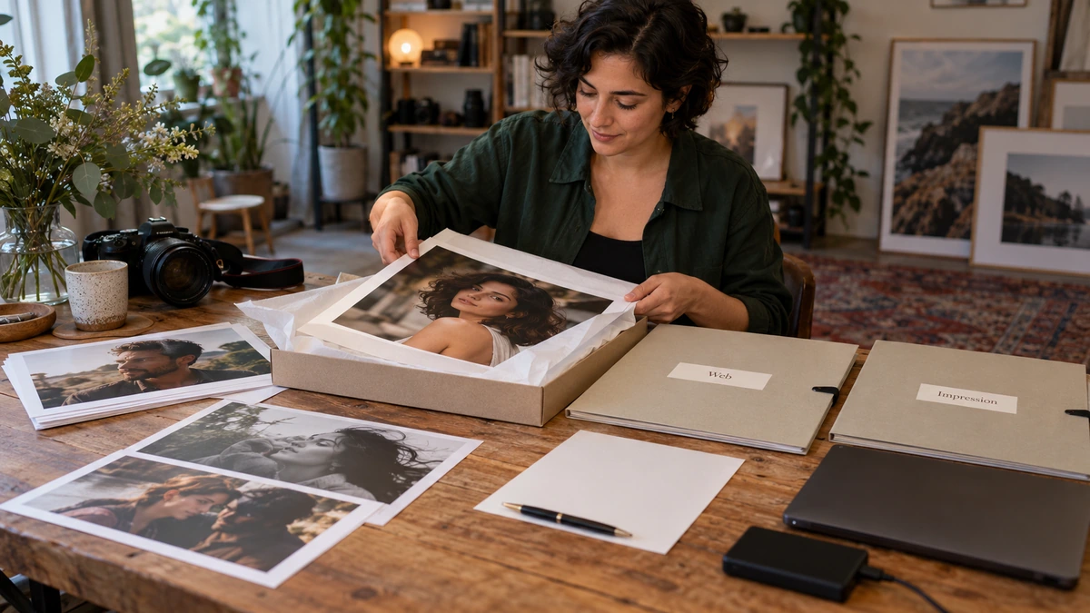 Une personne organise des photographies et les dossiers de livraison sur une table.