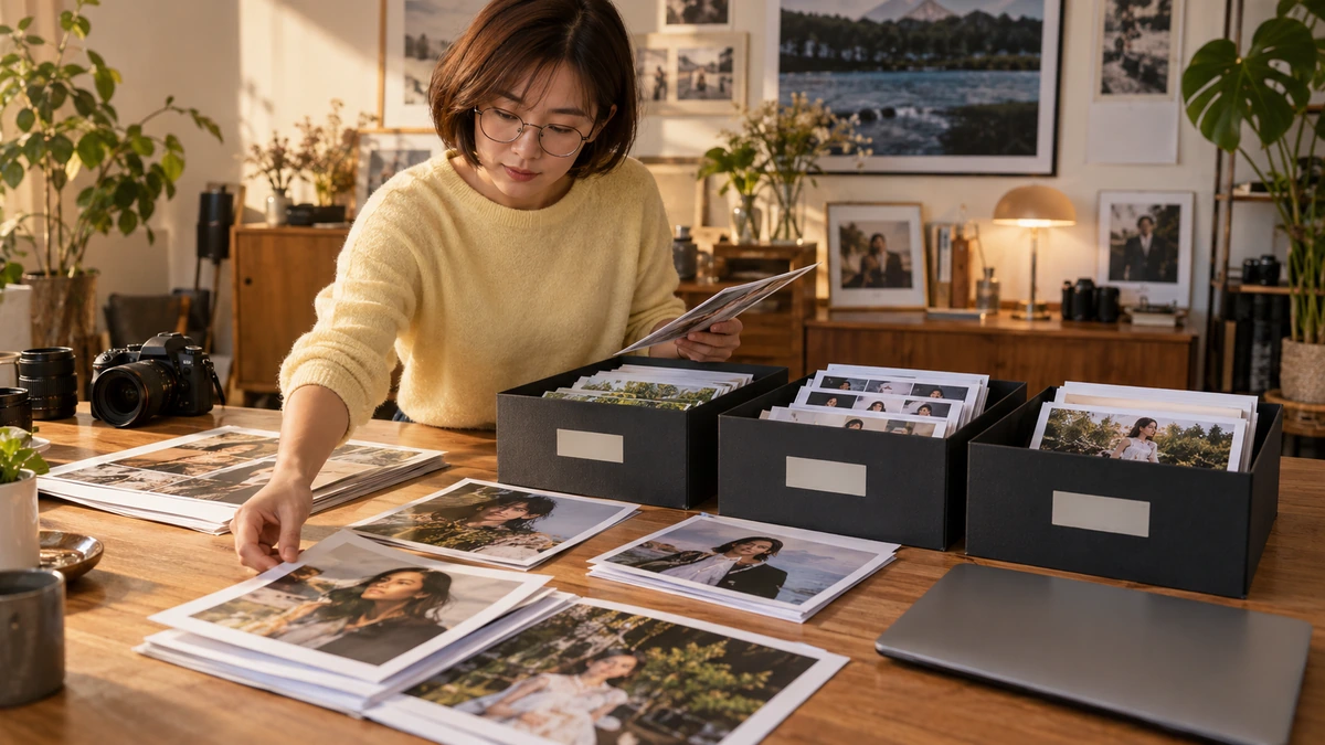 Une personne rassemble des photographies dans des boîtes et vérifie les versions.