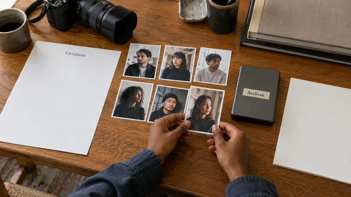 Des mains rapprochent une planche de portraits et son dossier d’archive.