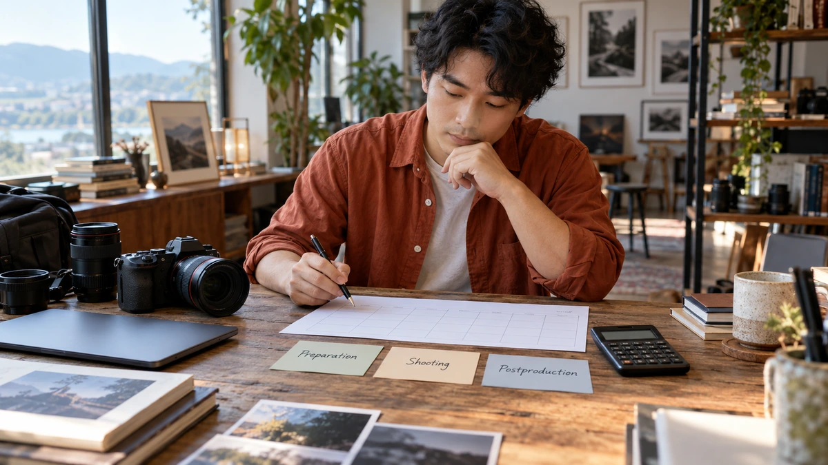 Un photographe prépare le coût de son travail avec des notes et une calculatrice.
