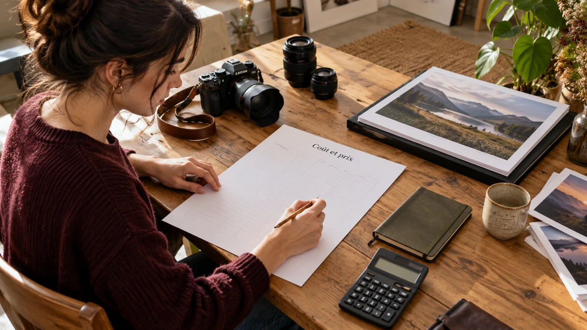 Une photographe annote sa sélection et ses images de paysage près de son poste de travail.