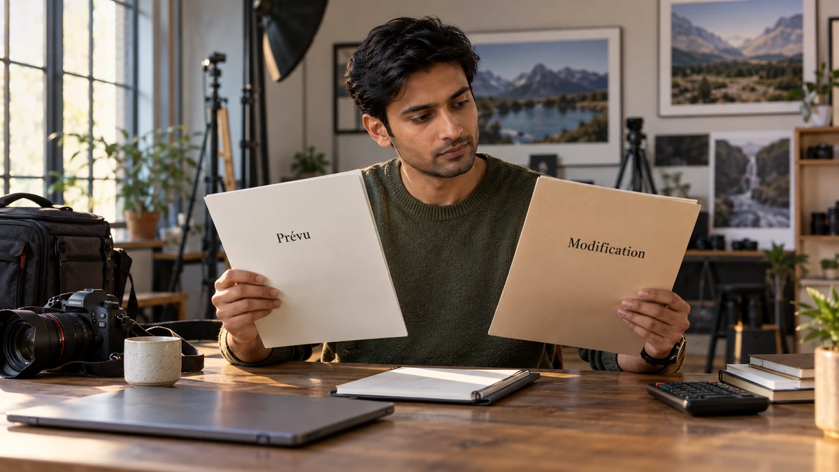 Un photographe compare deux dossiers de préparation.