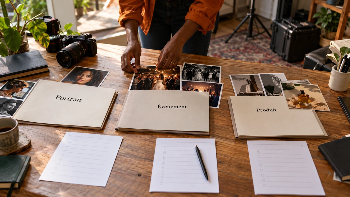 Trois propositions de photographie sont préparées sur une table.