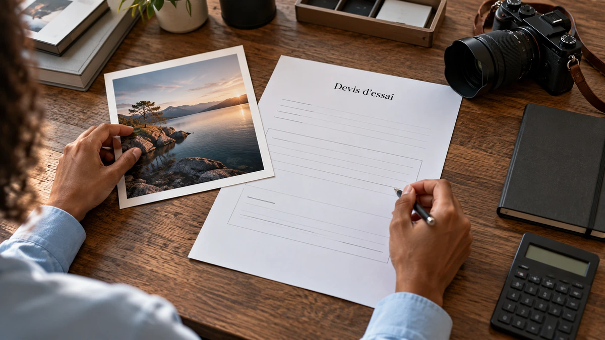 Une personne prépare un devis à côté de photographies.