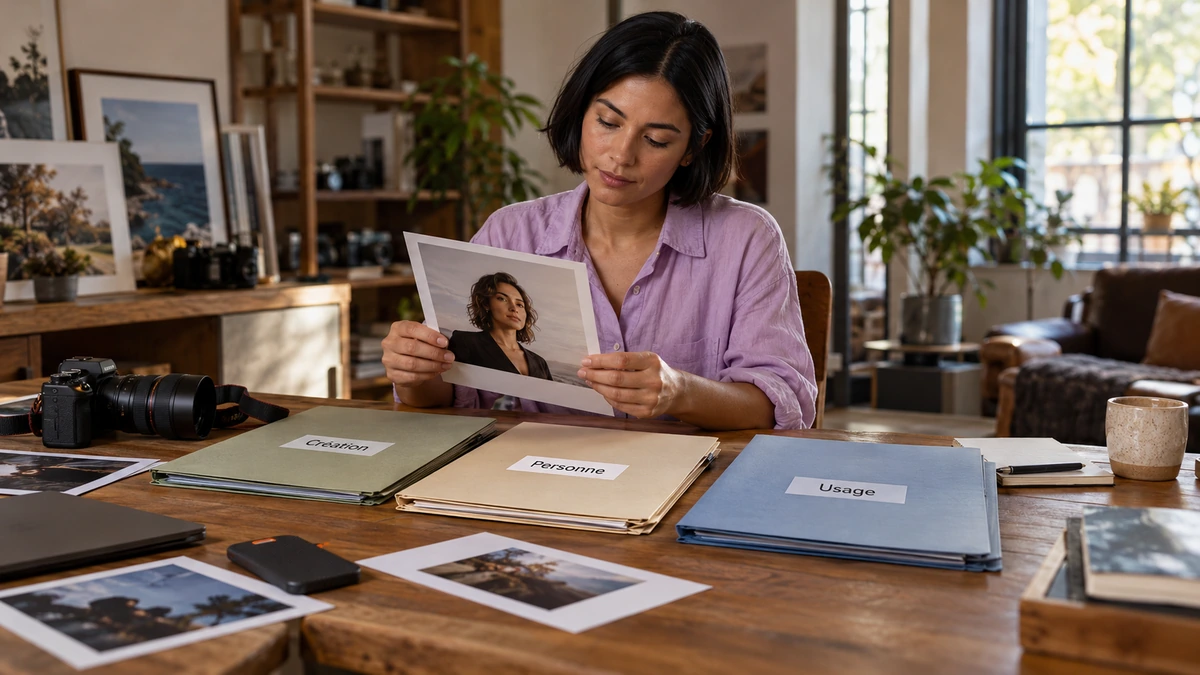 Une personne examine un tirage et des dossiers de photographies.