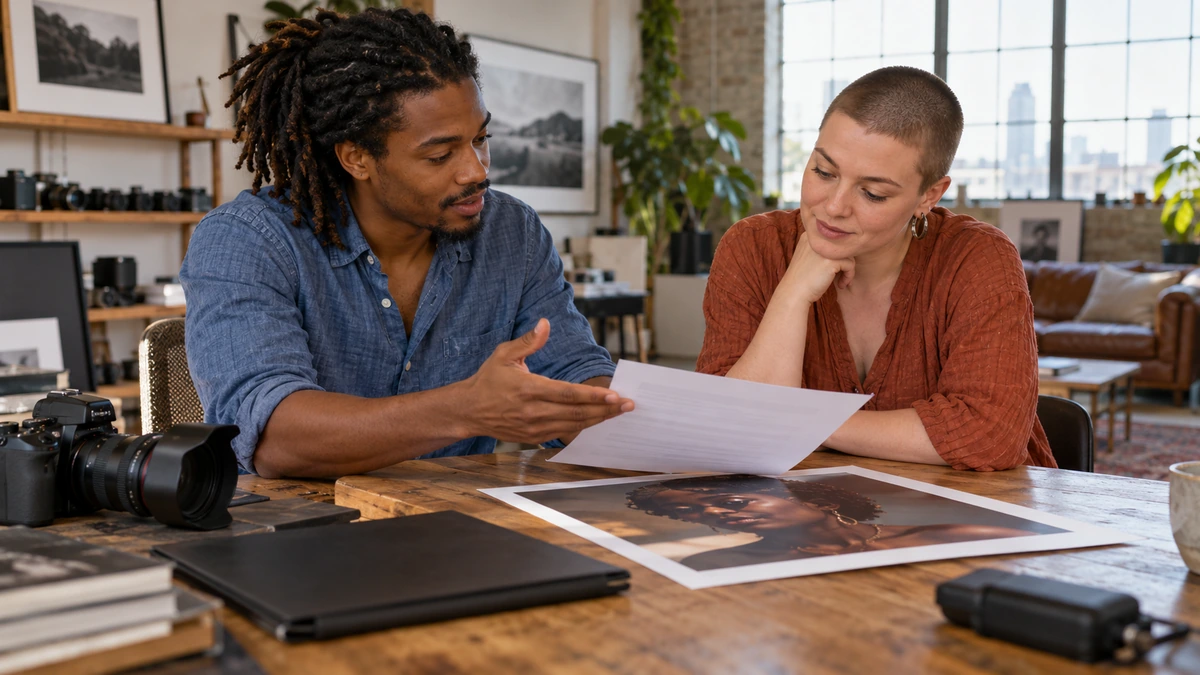 Deux personnes comparent des documents sur une table.